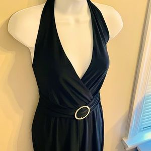 Black Halter Jumpsuit with Rhinestone Buckle Med